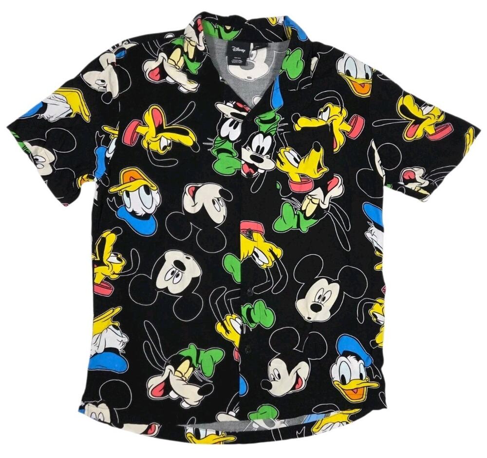 Disney AOP Button-Up Shirt Large Black Rayon Mickey Donald Pluto Goofy Casual
